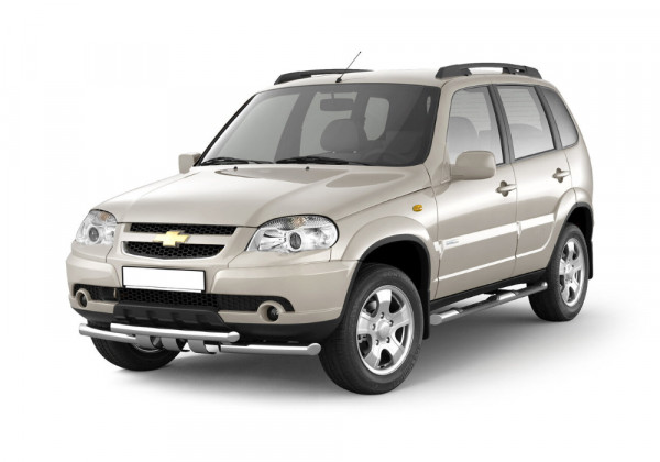 Защита порогов с накладками диаметром 63мм (НПС) Chevrolet NIVA 2009-